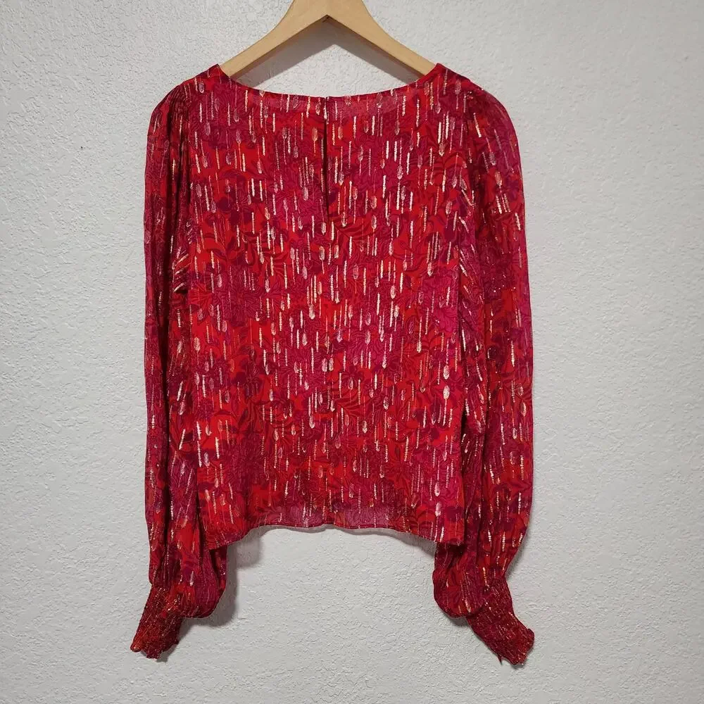 Lilly Pulitzer Metallic Shimmer Floral Puff Sleeve Blouse Top Pink Red Small NWT